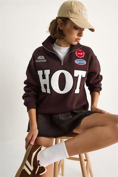 Kadın Fermuarlı Dik Yaka İşlemeli Üç İplik Şardonlu Oversize Sweatshirt 10006 60284067 - Acı Kahve