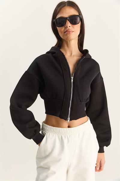 Kadın Fermuarlı Kapüşonlu Belden Oturmalı Esnek Örme Crop Sweatshirt 60283858 - Siyah