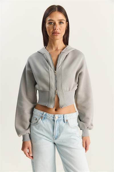 Kadın Fermuarlı Kapüşonlu Belden Oturmalı Esnek Örme Crop Sweatshirt 60283858 - Mint