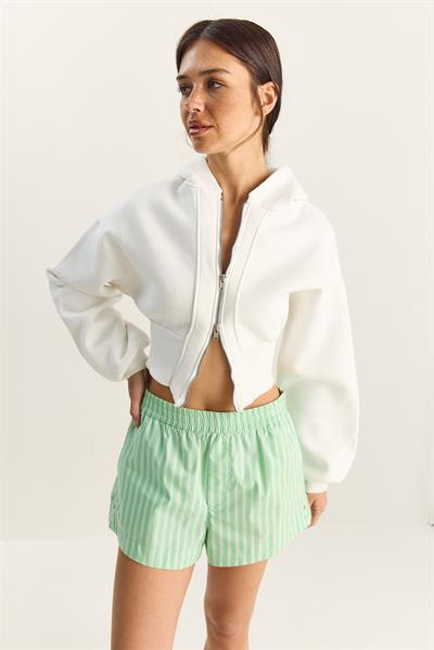 Kadın Fermuarlı Kapüşonlu Belden Oturmalı Esnek Örme Crop Sweatshirt 60283858 - Beyaz