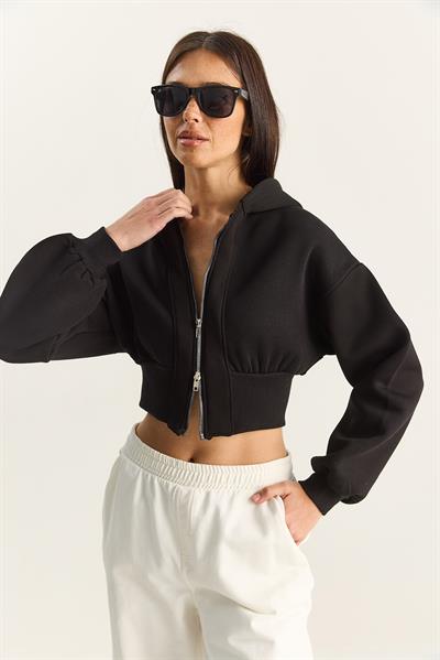 Kadın Fermuarlı Kapüşonlu Belden Oturmalı Esnek Örme Crop Sweatshirt 60283858 - Siyah