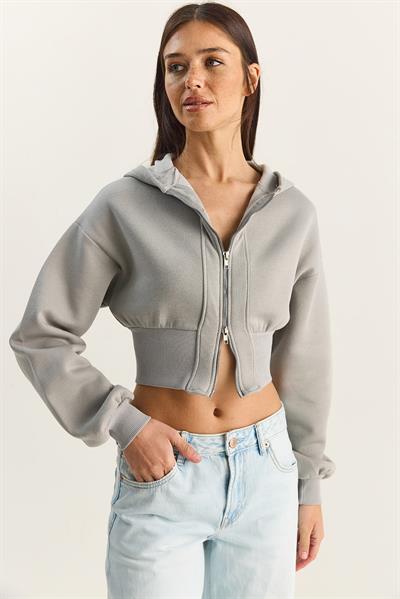 Kadın Fermuarlı Kapüşonlu Belden Oturmalı Esnek Örme Crop Sweatshirt 60283858 - Mint