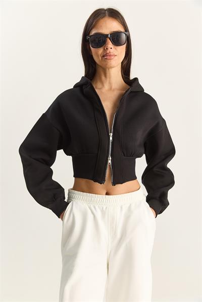 Kadın Fermuarlı Kapüşonlu Belden Oturmalı Esnek Örme Crop Sweatshirt 60283858 - Siyah