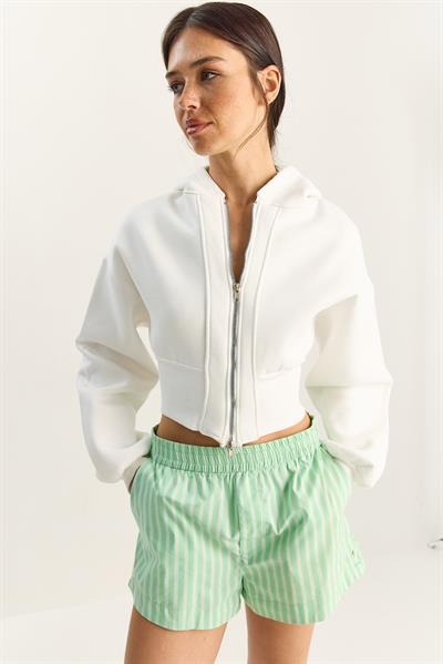 Kadın Fermuarlı Kapüşonlu Belden Oturmalı Esnek Örme Crop Sweatshirt 60283858 - Beyaz
