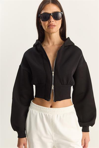 Kadın Fermuarlı Kapüşonlu Belden Oturmalı Esnek Örme Crop Sweatshirt 60283858 - Siyah