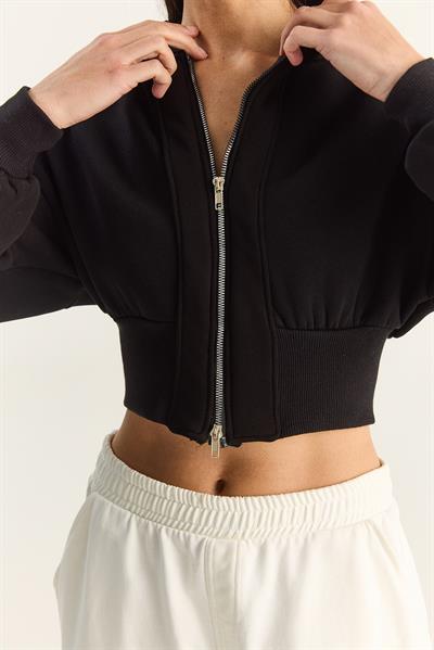Kadın Fermuarlı Kapüşonlu Belden Oturmalı Esnek Örme Crop Sweatshirt 60283858 - Siyah