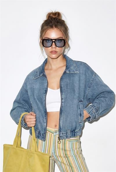 Kadın Fermuarlı Kemer Detaylı Oversize Denim Ceket 3667 60286206 - Buz Mavisi CEKET modelleri