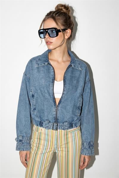 Kadın Fermuarlı Kemer Detaylı Oversize Denim Ceket 3667 60286206 - Buz Mavisi