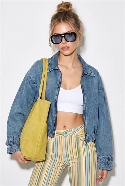 Kadın Fermuarlı Kemer Detaylı Oversize Denim Ceket 3667 60286206 - Buz Mavisi