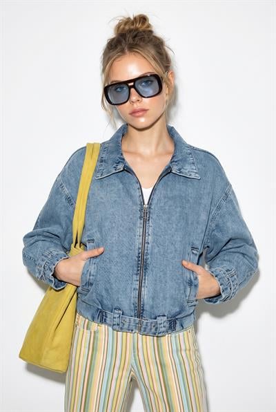 Kadın Fermuarlı Kemer Detaylı Oversize Denim Ceket 3667 60286206 - Buz Mavisi