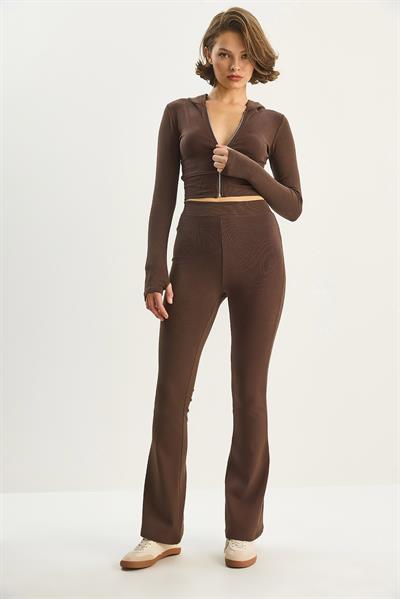 Kadın Fermuarlı Uzun Kollu Crop Üst Hafif İspanyol Paça Tayt 2180 60283622 - Acı Kahve
