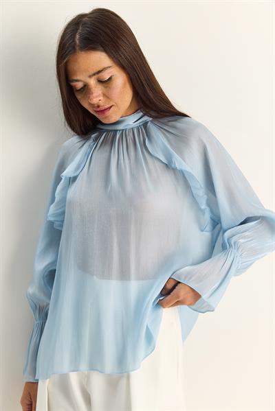 Kadın Fırfır Detaylı Dik Yaka Parlak Organze Şifon Bluz 1009 60286162 - Bebe Mavisi