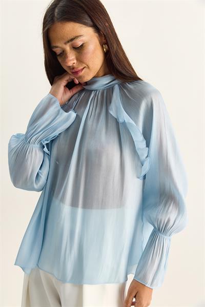 Kadın Fırfır Detaylı Dik Yaka Parlak Organze Şifon Bluz 1009 60286162 - Bebe Mavisi