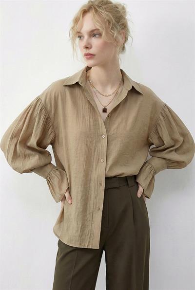Kadın Fırfır Manşet Detaylı Oversize Gömlek 533 60286029 - Sütlü Kahve