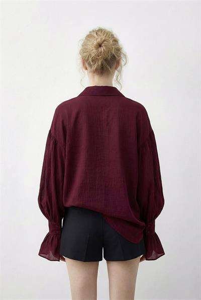 Kadın Fırfır Manşet Detaylı Oversize Gömlek 533 60286029 - Bordo