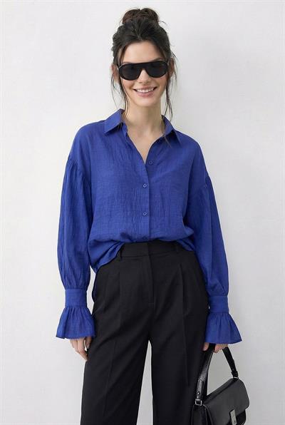 Kadın Fırfır Manşet Detaylı Oversize Gömlek 533 60286029 - Çivit Mavisi
