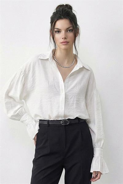 Kadın Fırfır Manşet Detaylı Oversize Gömlek 533 60286029 - Beyaz