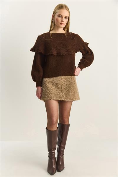 Kadın Fırfırlı Ajurlu Detaylı Balon Kol Ribanalı Yumoş Triko Kazak 20251111 - Acı Kahve
