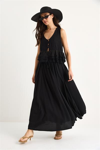 Kadın Fisto Detaylı Bluz Beli Lastikli Astarlı Etek Gofre Takım 25S1-8003 60283416 - Siyah