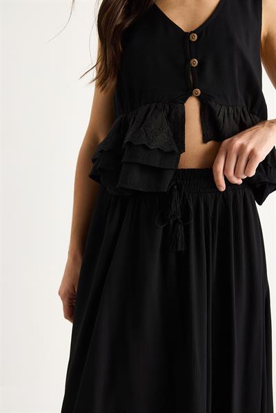 Kadın Fisto Detaylı Bluz Beli Lastikli Astarlı Etek Gofre Takım 25S1-8003 60283416 - Siyah