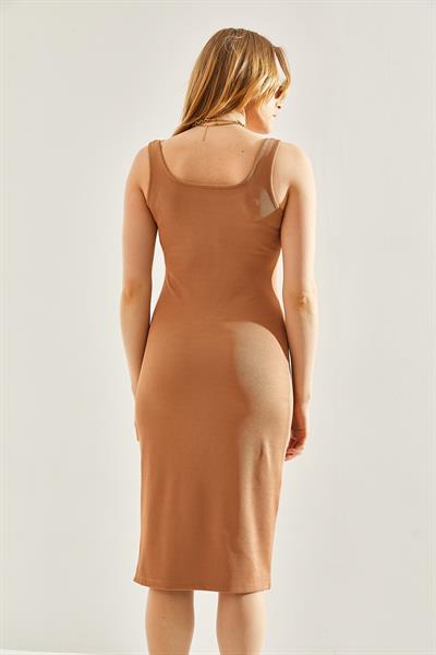 Kadın Fitilli Kumaş Yırtmaç Detaylı Askılı Elbise 60251341 - Camel