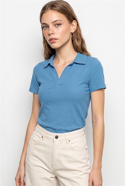 Kadın Fitilli Polo Yaka Kısa Kollu Basic T-Shirt 60382602 - Mavi