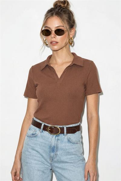 Kadın Fitilli Polo Yaka Kısa Kollu Basic T-Shirt 60382602 - Kahve