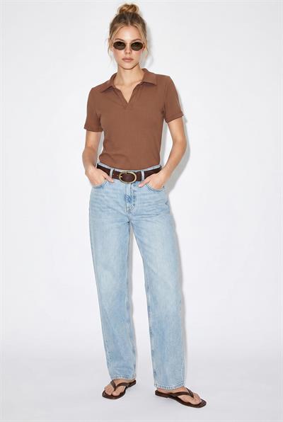 Kadın Fitilli Polo Yaka Kısa Kollu Basic T-Shirt 60382602 - Kahve