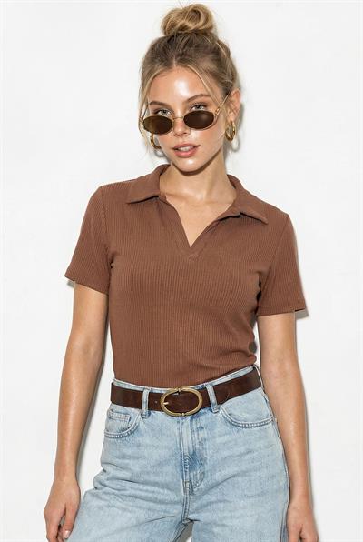 Kadın Fitilli Polo Yaka Kısa Kollu Basic T-Shirt 60382602 - Kahve
