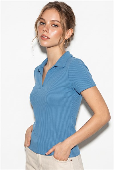 Kadın Fitilli Polo Yaka Kısa Kollu Basic T-Shirt 60382602 - Mavi