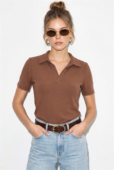 Kadın Fitilli Polo Yaka Kısa Kollu Basic T-Shirt 60382602 - Kahve