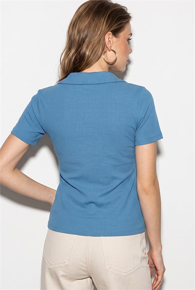 Kadın Fitilli Polo Yaka Kısa Kollu Basic T-Shirt 60382602 - Mavi