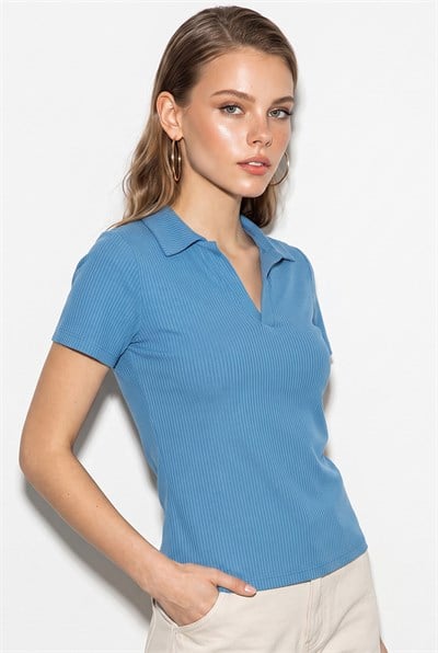 Kadın Fitilli Polo Yaka Kısa Kollu Basic T-Shirt 60382602 - Mavi
