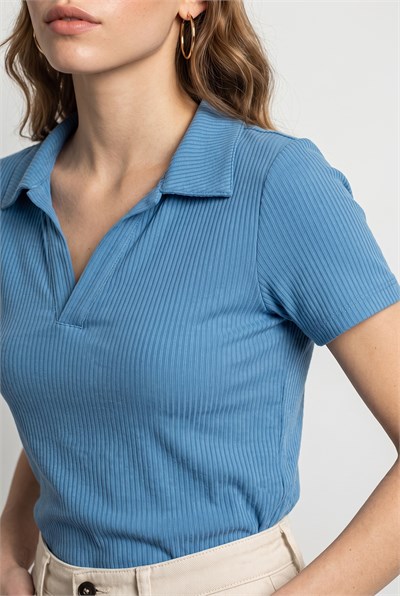 Kadın Fitilli Polo Yaka Kısa Kollu Basic T-Shirt 60382602 - Mavi