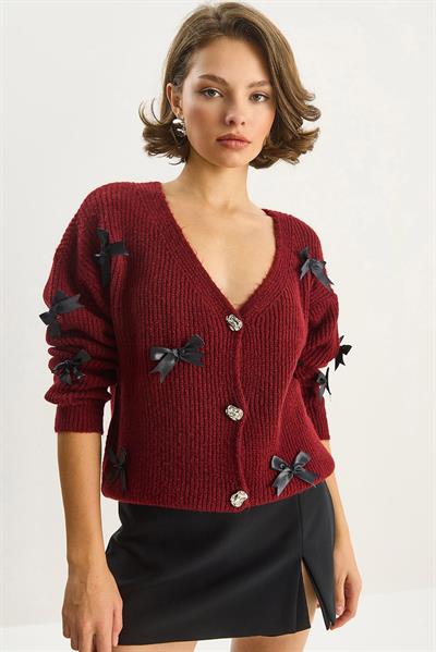 Kadın Fiyonk Aksesuarlı V Yaka Oversize Düğmeli Hırka 60283642 - Bordo