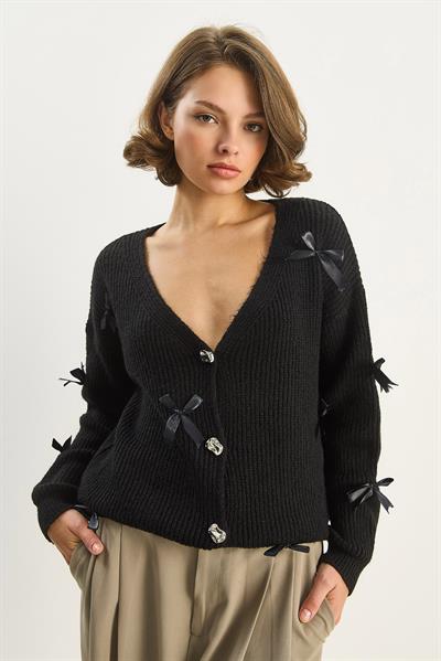 Kadın Fiyonk Aksesuarlı V Yaka Oversize Düğmeli Hırka 60283642 - Siyah
