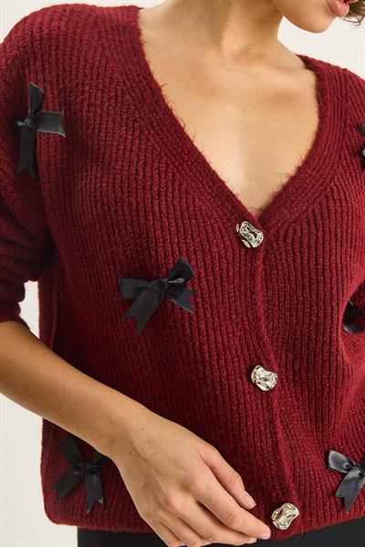 Kadın Fiyonk Aksesuarlı V Yaka Oversize Düğmeli Hırka 60283642 - Bordo