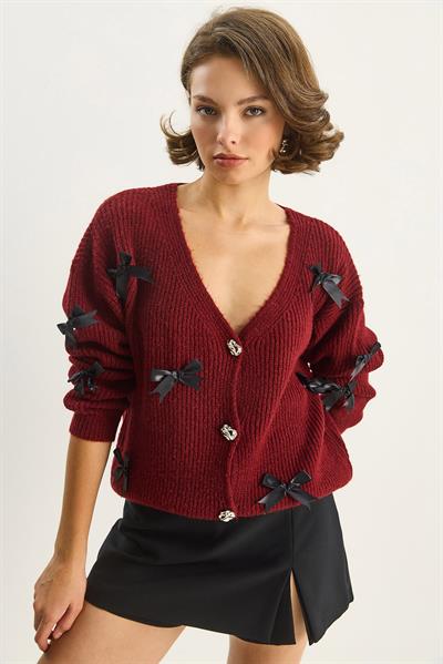 Kadın Fiyonk Aksesuarlı V Yaka Oversize Düğmeli Hırka 60283642 - Bordo