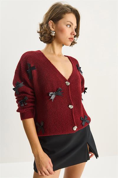 Kadın Fiyonk Aksesuarlı V Yaka Oversize Düğmeli Hırka 60283642 - Bordo