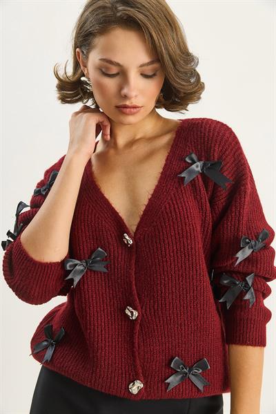 Kadın Fiyonk Aksesuarlı V Yaka Oversize Düğmeli Hırka 60283642 - Bordo