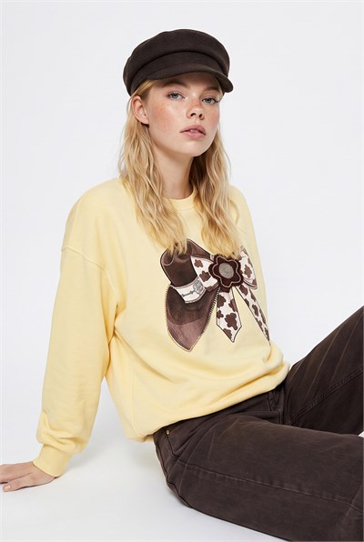 Kadın Fiyonk Baskılı Taş Detaylı Oversize Üç İplik Sweatshirt 2283 60286479 - Sarı