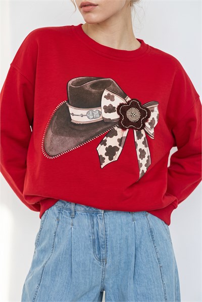 Kadın Fiyonk Baskılı Taş Detaylı Oversize Üç İplik Sweatshirt 2283 60286479 - Kırmızı