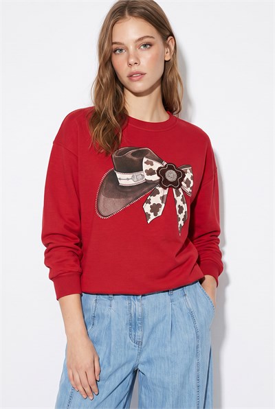 Kadın Fiyonk Baskılı Taş Detaylı Oversize Üç İplik Sweatshirt 2283 60286479 - Kırmızı