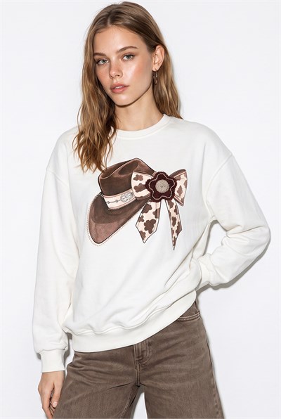Kadın Fiyonk Baskılı Taş Detaylı Oversize Üç İplik Sweatshirt 2283 60286479 - Beyaz