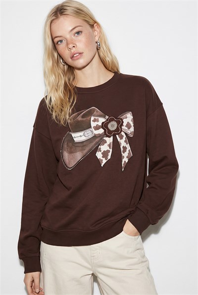 Kadın Fiyonk Baskılı Taş Detaylı Oversize Üç İplik Sweatshirt 2283 60286479 - Acı Kahve