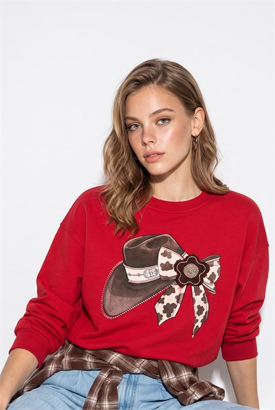 Kadın Fiyonk Baskılı Taş Detaylı Oversize Üç İplik Sweatshirt 2283 60286479 - Kırmızı