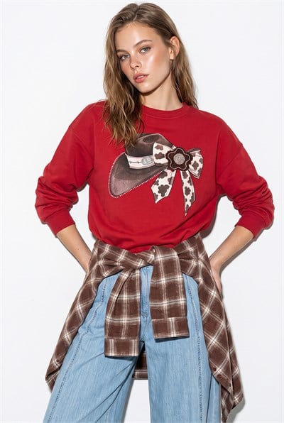 Kadın Fiyonk Baskılı Taş Detaylı Oversize Üç İplik Sweatshirt 2283 60286479 - Kırmızı