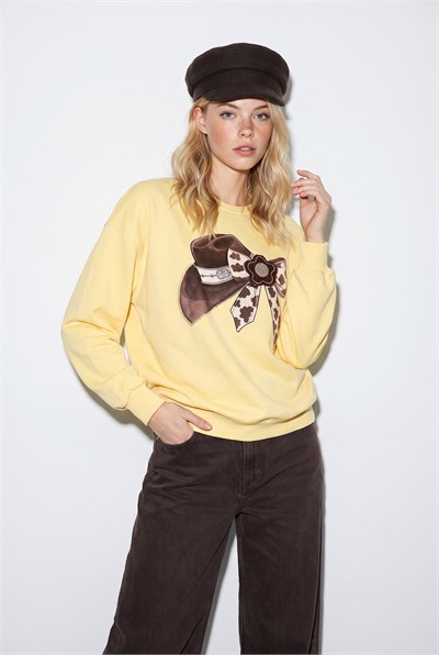 Kadın Fiyonk Baskılı Taş Detaylı Oversize Üç İplik Sweatshirt 2283 60286479 - Sarı
