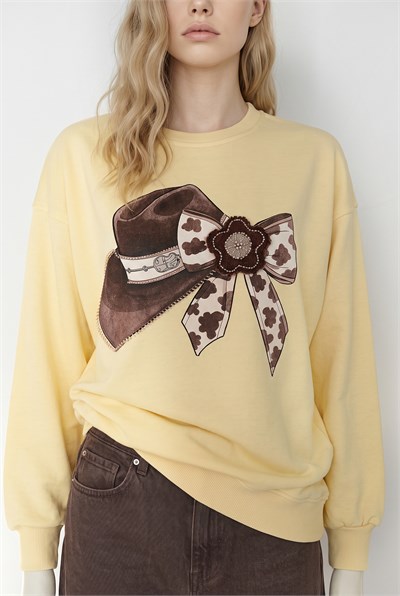 Kadın Fiyonk Baskılı Taş Detaylı Oversize Üç İplik Sweatshirt 2283 60286479 - Sarı