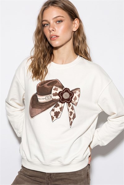 Kadın Fiyonk Baskılı Taş Detaylı Oversize Üç İplik Sweatshirt 2283 60286479 - Beyaz